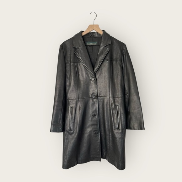 Vintage Harve Benard | 100% Leather Timeless Black Mid Length Coat Large 80s Y2K - Picture 1 of 9